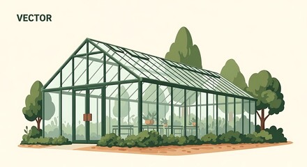 Illustration of a greenhouse with plants and trees around it.