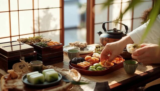 日本の正月に欠かせない和食の伝統、冬の新年を彩るお節料理とおせちの和風日本料理写真