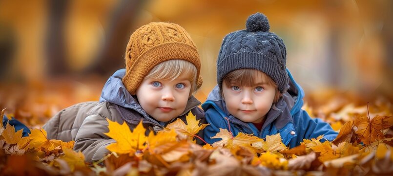 Joyful children playing in colorful autumn leaves  a celebration of fall s vibrant beauty