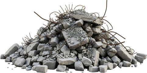 Heap of broken concrete chunks and rusty rebar from demolition construction waste pile rubble debris material building aggregate