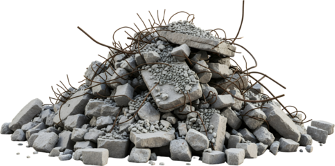 Heap of broken concrete chunks and rusty rebar from demolition construction waste pile rubble debris material building aggregate
