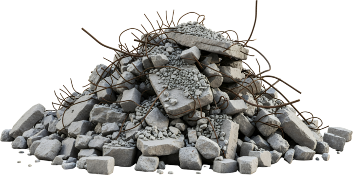 Heap of broken concrete chunks and rusty rebar from demolition construction waste pile rubble debris material building aggregate