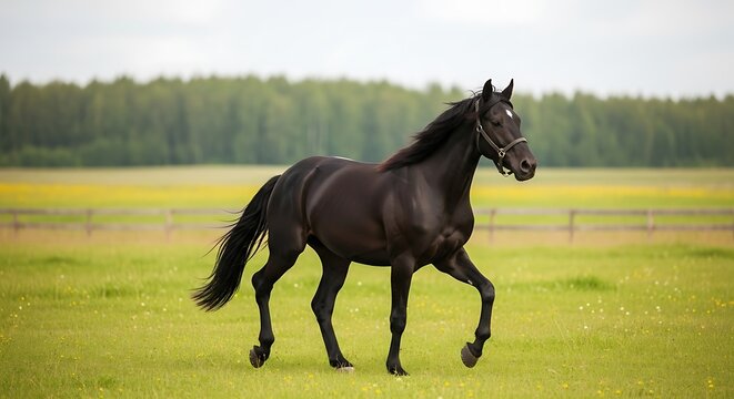 Majestic Black Horse Trotting Gracefully Through a Lush Green Field.