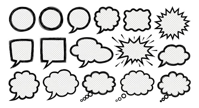 Collection of various comic book speech bubbles and thought clouds on a white background