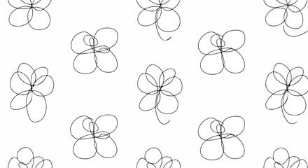 A minimalist digital illustration featuring a repeating pattern of simple line-drawn flowers in a vektor beron abstrak pottren style on a white background. Perfect for graphic resources,