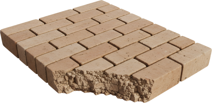 Tan colored rectangular paving stones arranged in a herringbone pattern showing a cutaway view revealing rough rocky texture beneath