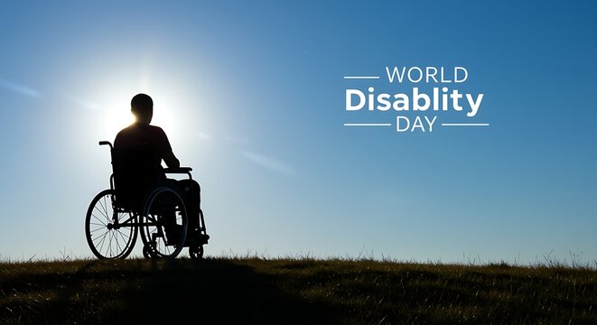 Silhouette Of Person In Wheelchair Against Bright Sun And Clear Blue Sky disability disabled