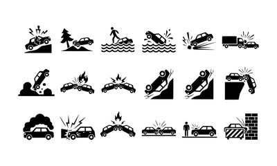 Set of vector silhouettes illustrating car crash and transport danger warning.