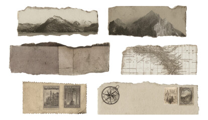 Aged Map and Explorer Sketch Elements on Isolated Transparent Background