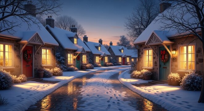 A quiet, snowy village street at dusk, cobblestones glistening, with warm light glowing from cottage windows and festive wreaths on every door. - Powered by Adobe
