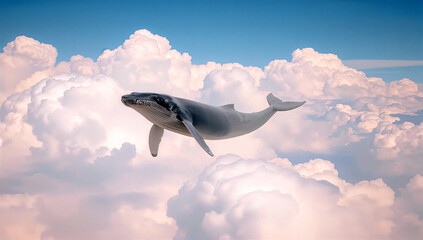 Surreal whale soaring across a pastel sky