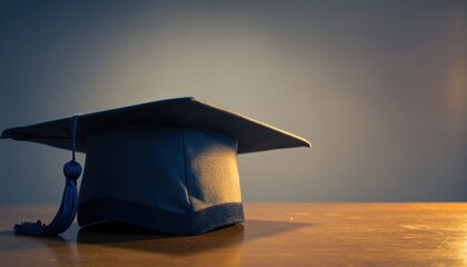 A dark blue graduation cap with a classic square top rests on a polished wooden surface illuminated by soft light