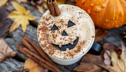 Cozy flat lay of halloween coffee cup featuring latte art, cinnamon sticks, and autumn leaves