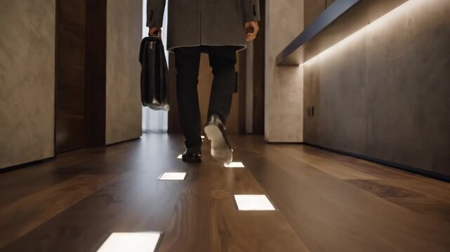 Elegant Business Journey A Person in a Suitcase and Briefcase in a Luxurious Modern Architectural Interior with Subtle Lighting Walking on a Wooden Floor