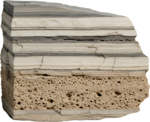 Detailed cross section of layered sedimentary rock showing distinct strata and porous lower layer geology layers texture