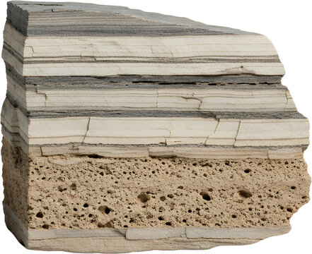 Detailed cross section of layered sedimentary rock showing distinct strata and porous lower layer geology layers texture