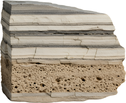 Detailed cross section of layered sedimentary rock showing distinct strata and porous lower layer geology layers texture