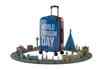 World tourism day suitcase with city landmarks and transportation isolated on white background isolated on transparent background