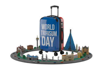 World tourism day suitcase with city landmarks and transportation isolated on white background isolated on transparent background