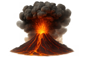 Volcano erupting intensely with molten lava flowing down slopes and thick ash smoke rising into the sky