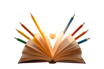 Open book with pencils and light bulb symbolizing knowledge and ideas isolated on black background isolated on white background isolated on transparent background