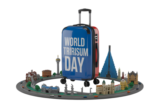 World tourism day suitcase with city landmarks and transportation isolated on white background isolated on transparent background