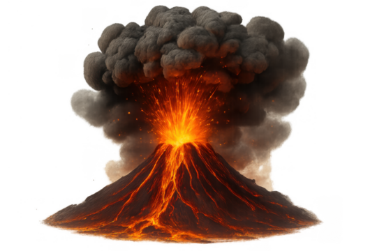 Volcano erupting intensely with molten lava flowing down slopes and thick ash smoke rising into the sky