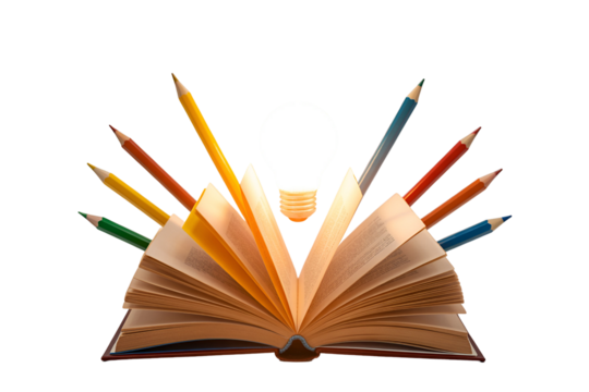 Open book with pencils and light bulb symbolizing knowledge and ideas isolated on black background isolated on white background isolated on transparent background