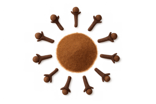 Ground cloves powder forming a circle surrounded by whole cloves radiating like a sun on transparent background