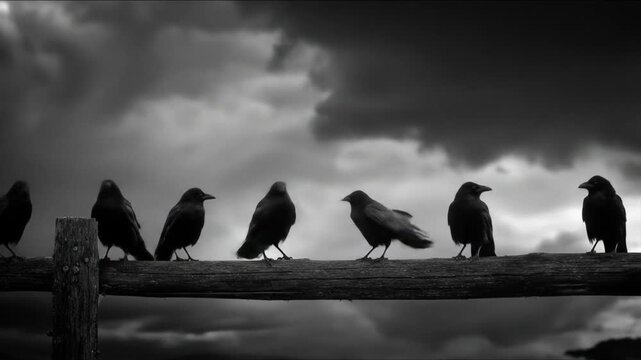 Seven silhouetted crows perched on a weathered log beneath a moody, roiling stormy sky. At its edge