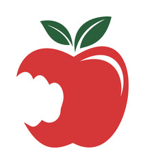 Apple with bite vector, minimal red fruit icon with green leaves — stock vector