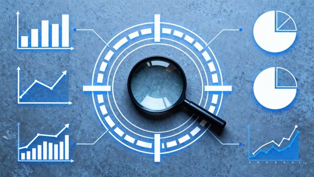Data analysis concept with graphs and a magnifying glass on a textured blue background.