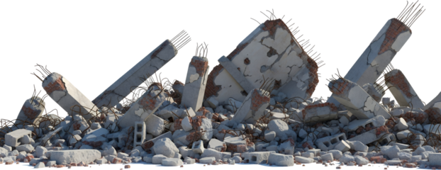 A large pile of rubble from a demolished concrete structure showing broken pillars bricks and exposed rebar debris demolition