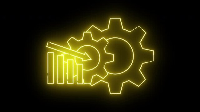 Neon art a gear and bar graph with a falling arrow