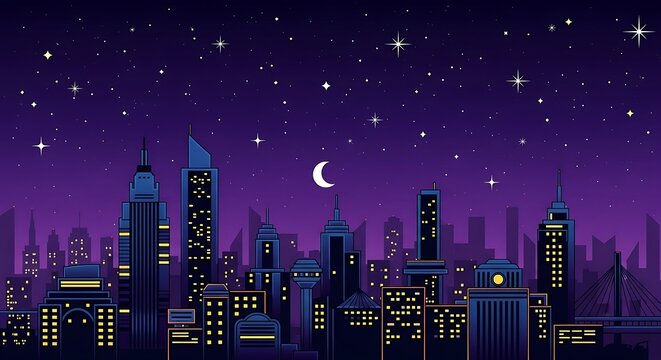 Pixel Art Cityscape at Night with Crescent Moon and Stars.