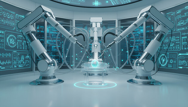 Futuristic robotic arms manipulate a glowing sphere in a cutting-edge research lab, creating an innovative tech scene for science and medical breakthroughs