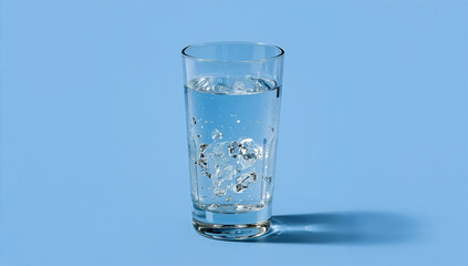 Tall glass of refreshing clear water on blue background