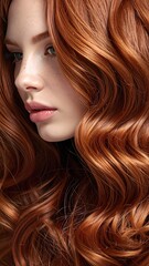 Obraz premium A close-up portrait of a woman with vibrant, long, auburn hair, cascading waves. She gazes to the side, soft skin, fair complexion