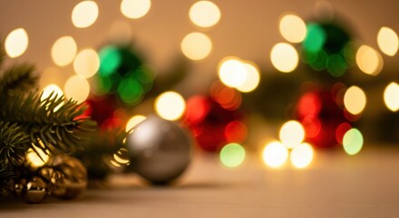 Obraz premium Festive Christmas holiday background with traditional ornaments, pine branches, and sparkling golden bokeh lights creating a warm, celebratory atmosphere.