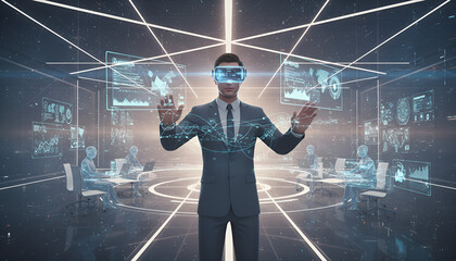 Obraz premium Modern business professional in VR headset presenting data visualizations in futuristic office, perfect for technology, innovation, and corporate leadership