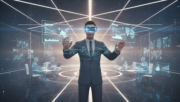 Modern business professional in VR headset presenting data visualizations in futuristic office, perfect for technology, innovation, and corporate leadership