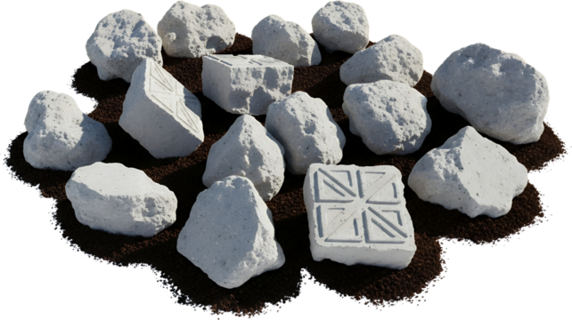 A pile of rough textured grey stones and two cubic concrete blocks with geometric patterns sit on dark soil rock material