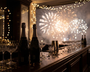 Obraz premium Soft-blurred fireworks and string lights visible behind dark champagne bottle silhouettes on bar