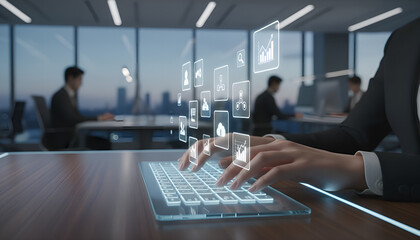 Modern business professional using innovative technology for data analysis, connecting with digital resources, and visualizing financial growth in the office