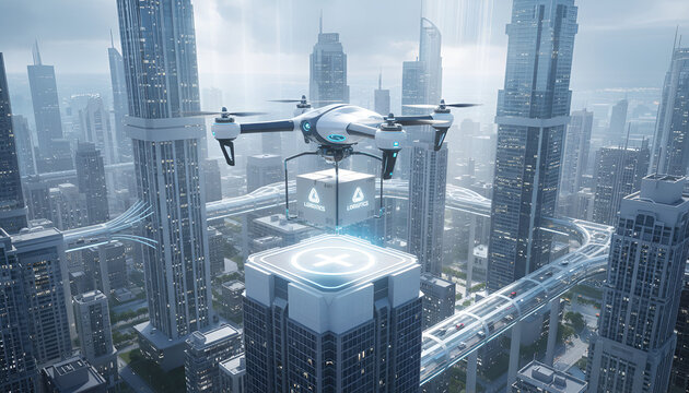 Futuristic drone delivery in a vibrant cityscape promises advanced logistics and urban innovation, envisioning a connected and efficient future for businesses