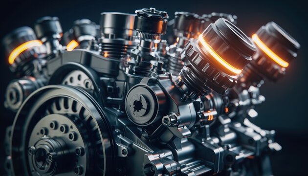 A detailed close up of a sophisticated industrial engine glowing with orange light highlighting its complex metallic components and intricate mechanical design