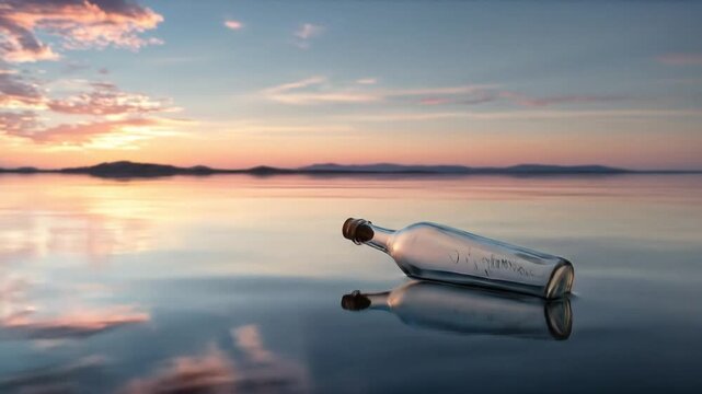 Sunset over a tranquil lake with pink clouds; a curved hollow object floats on glassy water at dusk