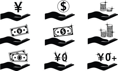 Obraz premium Hands Holding Money Icons Currency and Finance Concepts Wealth and Investment