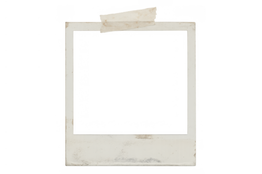 Instant photo frame with blank space, vintage aged border, and scotch tape, transparent background