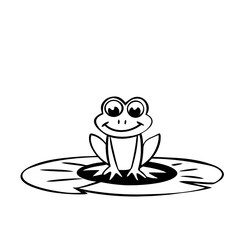 Smiling Green Frog Sitting on a Lily Pad in a Pond – Cute Cheerful Cartoon Animal Illustration, Simple Minimal Line Art Vector for Nature, Wildlife, and Kids Designs